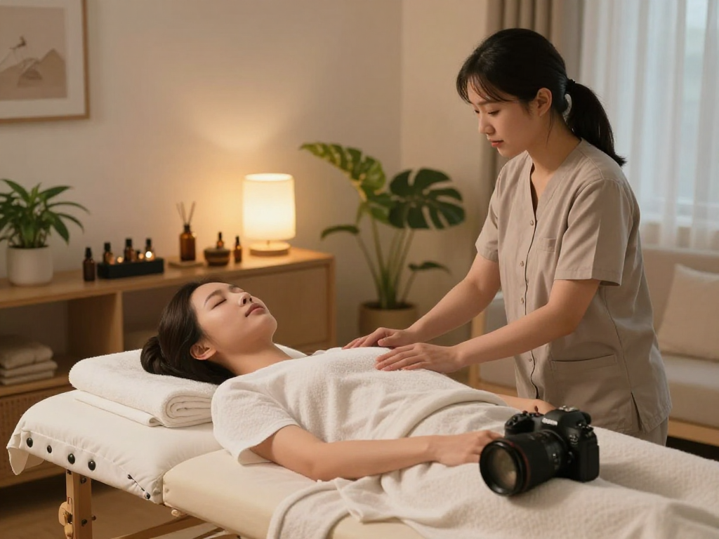 출장안마 session in a relaxing home environment, therapist setting up for a calming experience.
