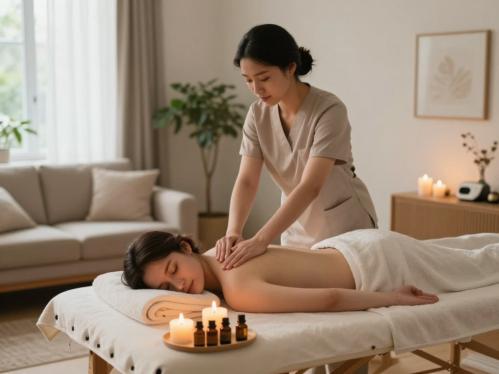 부천출장마사지 in a serene home environment, therapist providing a soothing massage with aromatherapy candles in view.