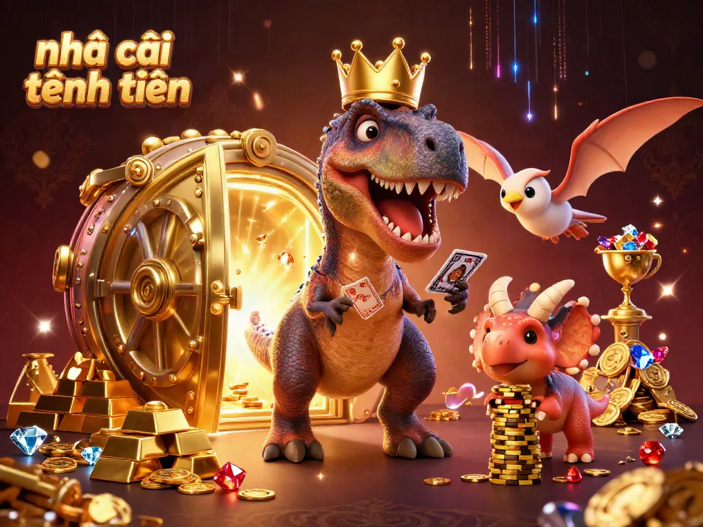 Experience the excitement of nhà cái tặng tiền with a joyful T-Rex dealing cards in a vibrant casino setting.