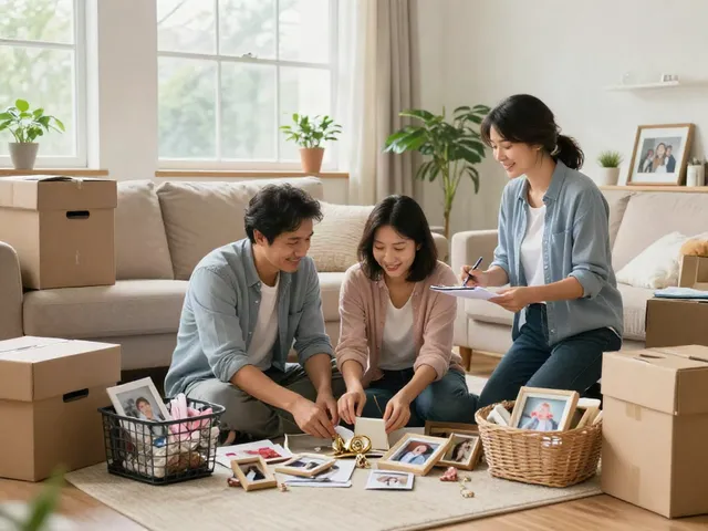 Couple downsizing Ottawa with professional guidance, sorting sentimental belongings in a cozy living room.