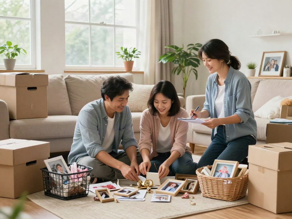 Couple downsizing Ottawa with professional guidance, sorting sentimental belongings in a cozy living room.