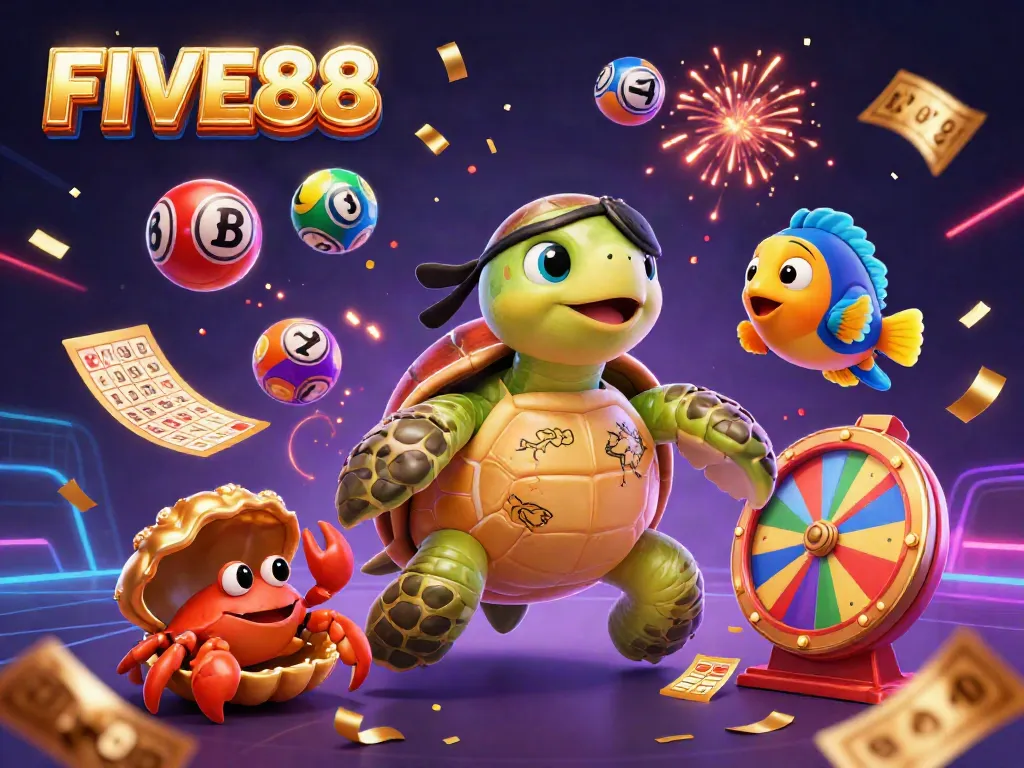 Engage with the vibrant gaming scene of FIVE88 through a lively illustration of characters and lucky elements.