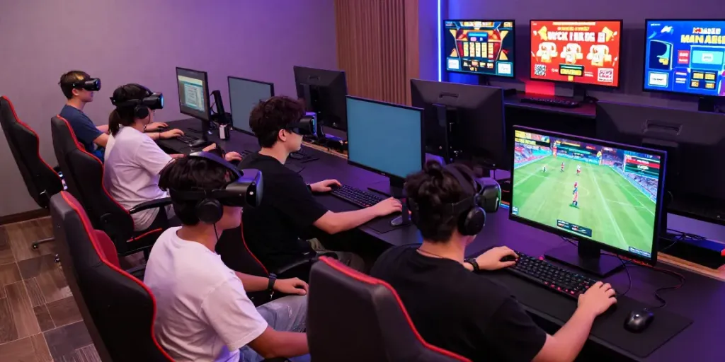 Players enjoying immersive gaming experiences at Man88 gaming lounge, showcasing vibrant interaction and technology.