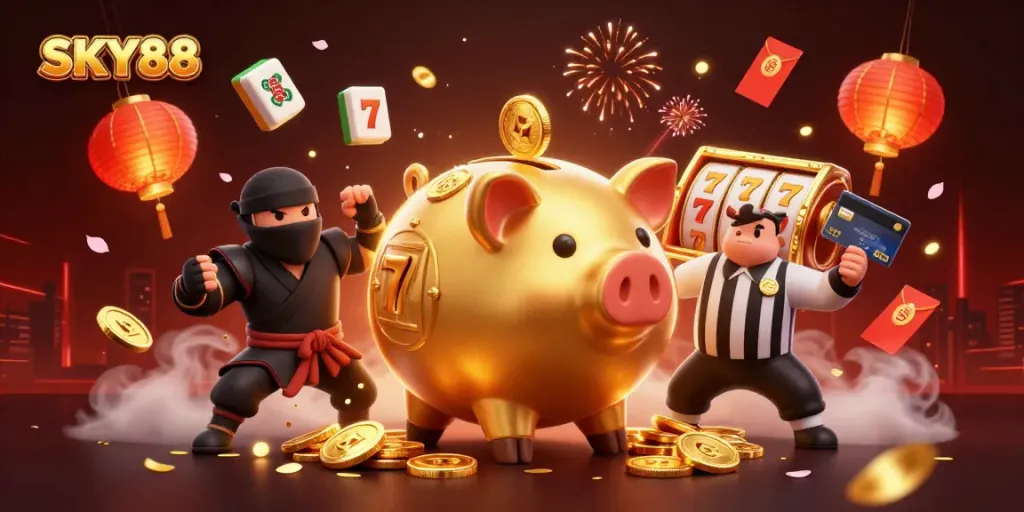 Engage with SKY88's thrilling casino action featuring a lively sumo wrestler amidst vibrant game elements.