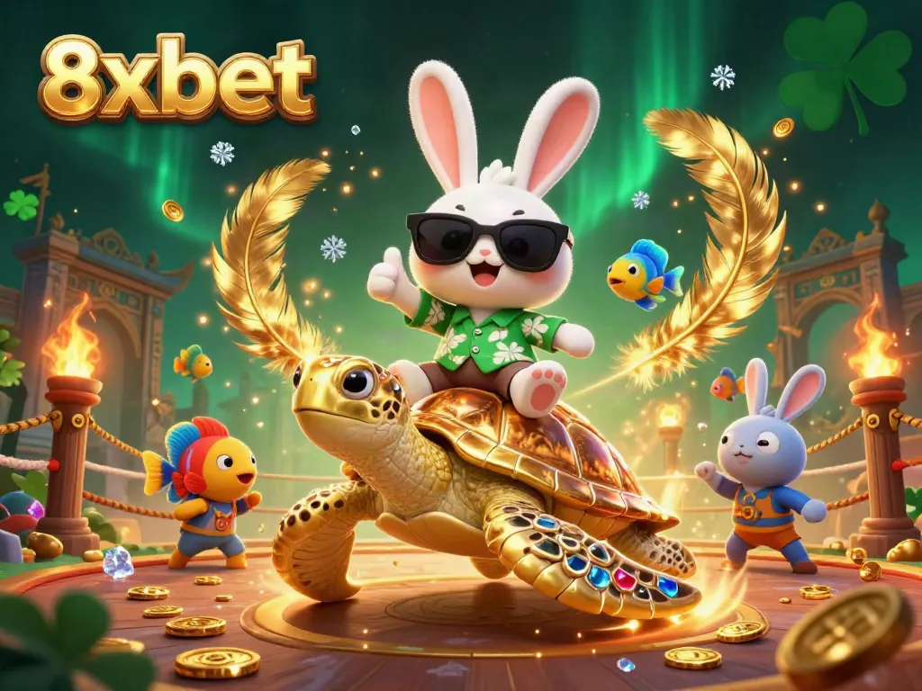 Experience fun and rewards at 8xbet with a lively 3D illustration of a lucky rabbit and turtle.
