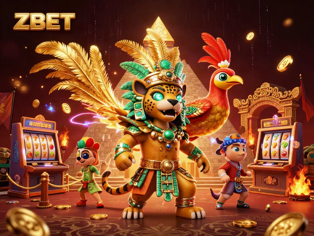 ZBET's vibrant casino scene showcasing a Mayan jaguar priest, quetzal bird, and slot elements for thrilling gameplay.