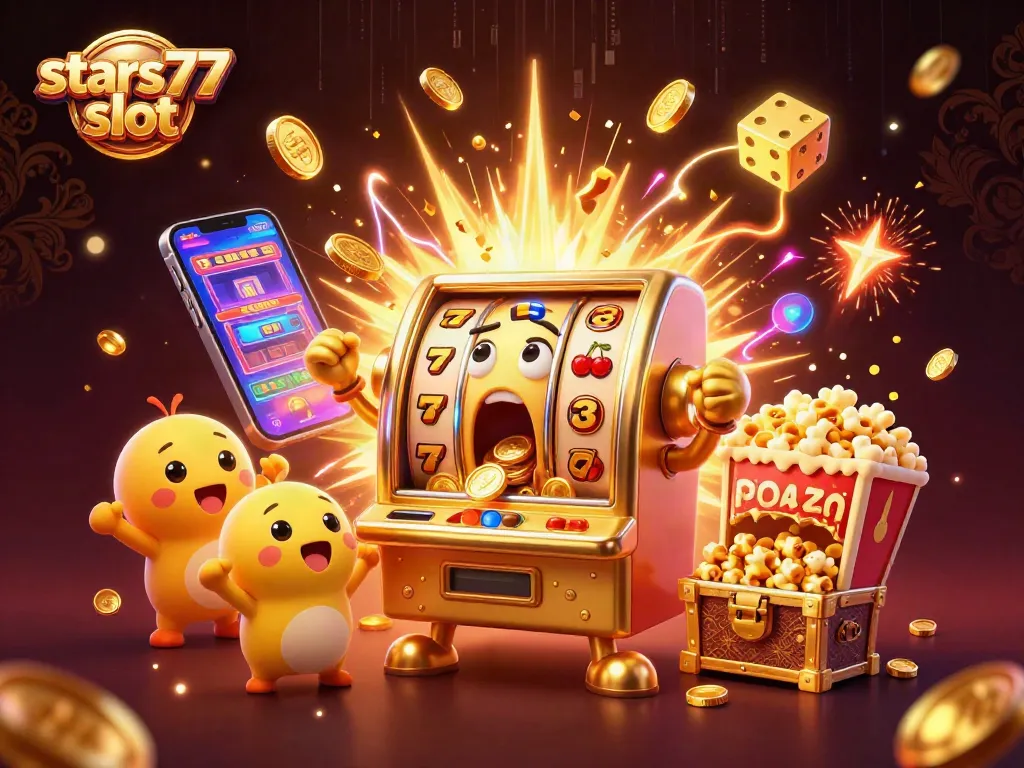 Mesin slot emas sentien stars77 slot merayakan jackpot di tengah koin berhamburan dengan kesenangan.