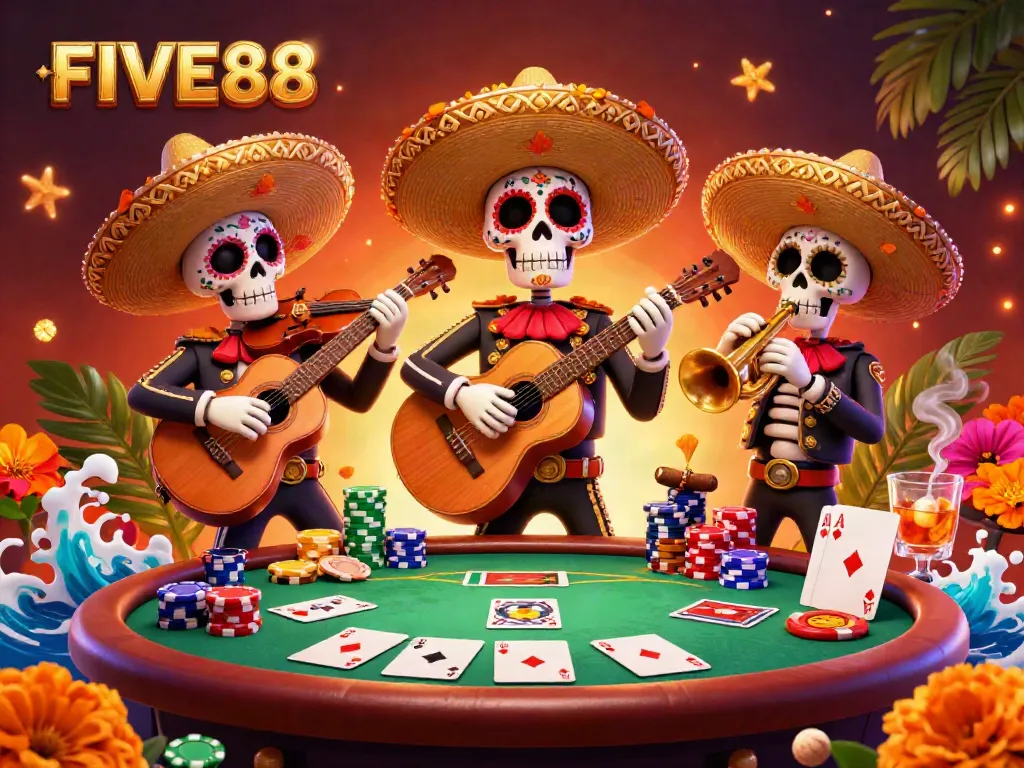 FIVE88 invites you to join the lively atmosphere of a festive casino with mariachi characters and poker elements.