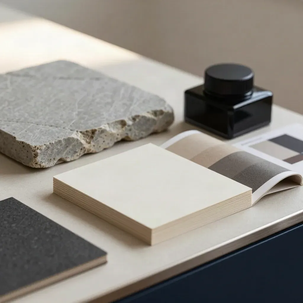 Extreme macro of brand strategy materials: stone sample, ivory cards, swatches, ink block, folded concept board.
