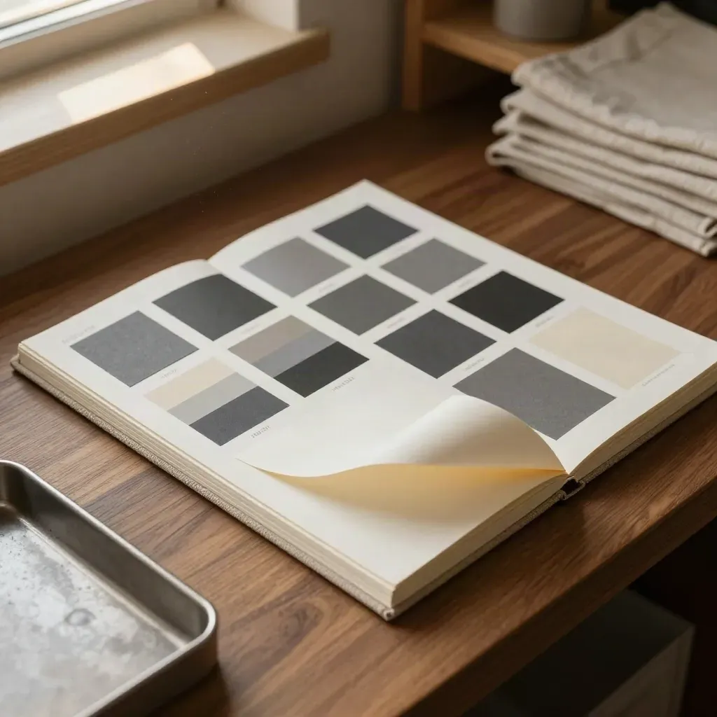 Flat-lay of a brand identity system with swatches, spacing cards and a linen manual in warm light.