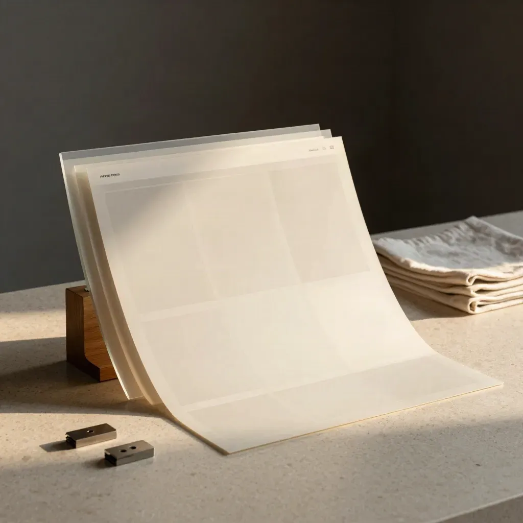 Ivory website page mockups, layout blocks and a glass stand in a moody travertine studio.