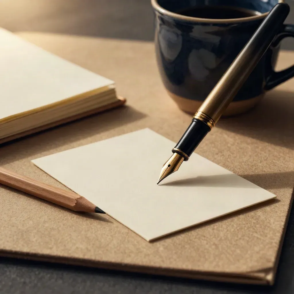 Pen, pencil, notebook, mug, and blank card in a warm editorial still life.
