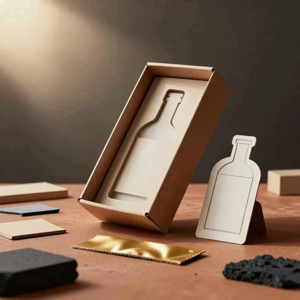 Open carton prototype with gold sleeve and dieline maquettes in a hazy packaging studio.