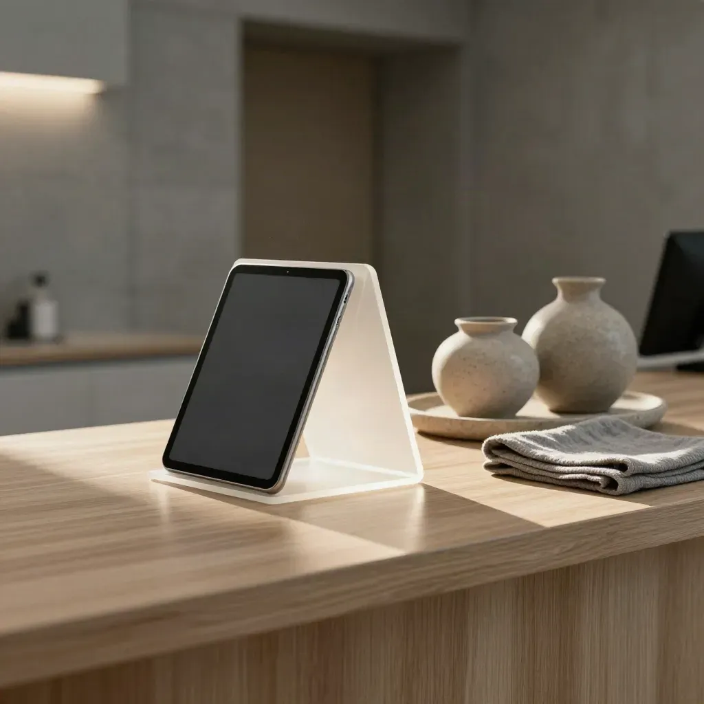 Polished clinic reception counter with frosted stand, tablet, and ceramic vessels in warm afternoon light.