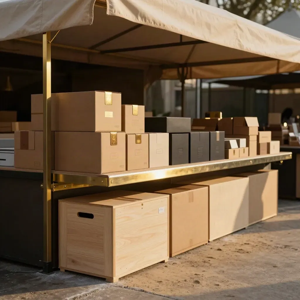 Low-angle view of a finished market stall with boxes, crates, and a folded canopy in warm haze.