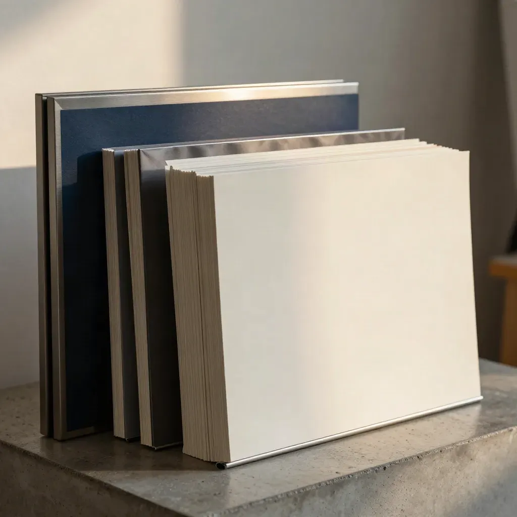 Macro stack of packaging mockups, print proofs, and hero art panels in a studio set.