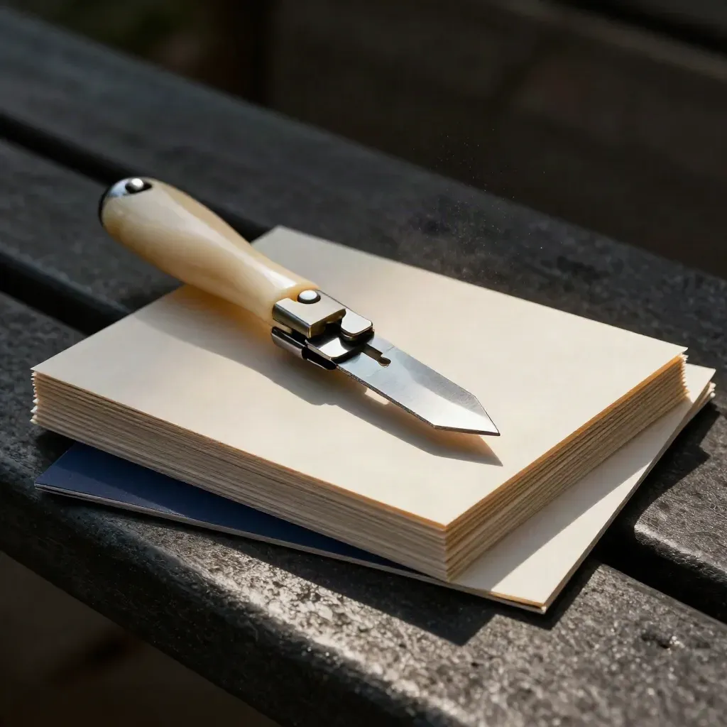Bone folder, paper knife, and card offcuts on a charcoal bench in dramatic side light.