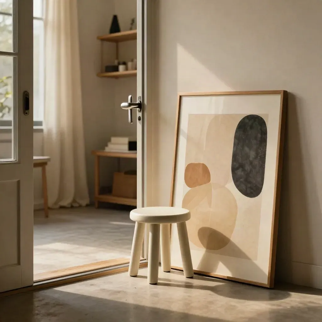 Empty studio entrance with brushed handle, ivory stool, and framed abstract panel in warm light.