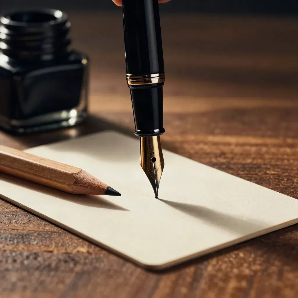 Fountain pen, cedar pencil, proof card, and ink bowl on a warm oak bench.