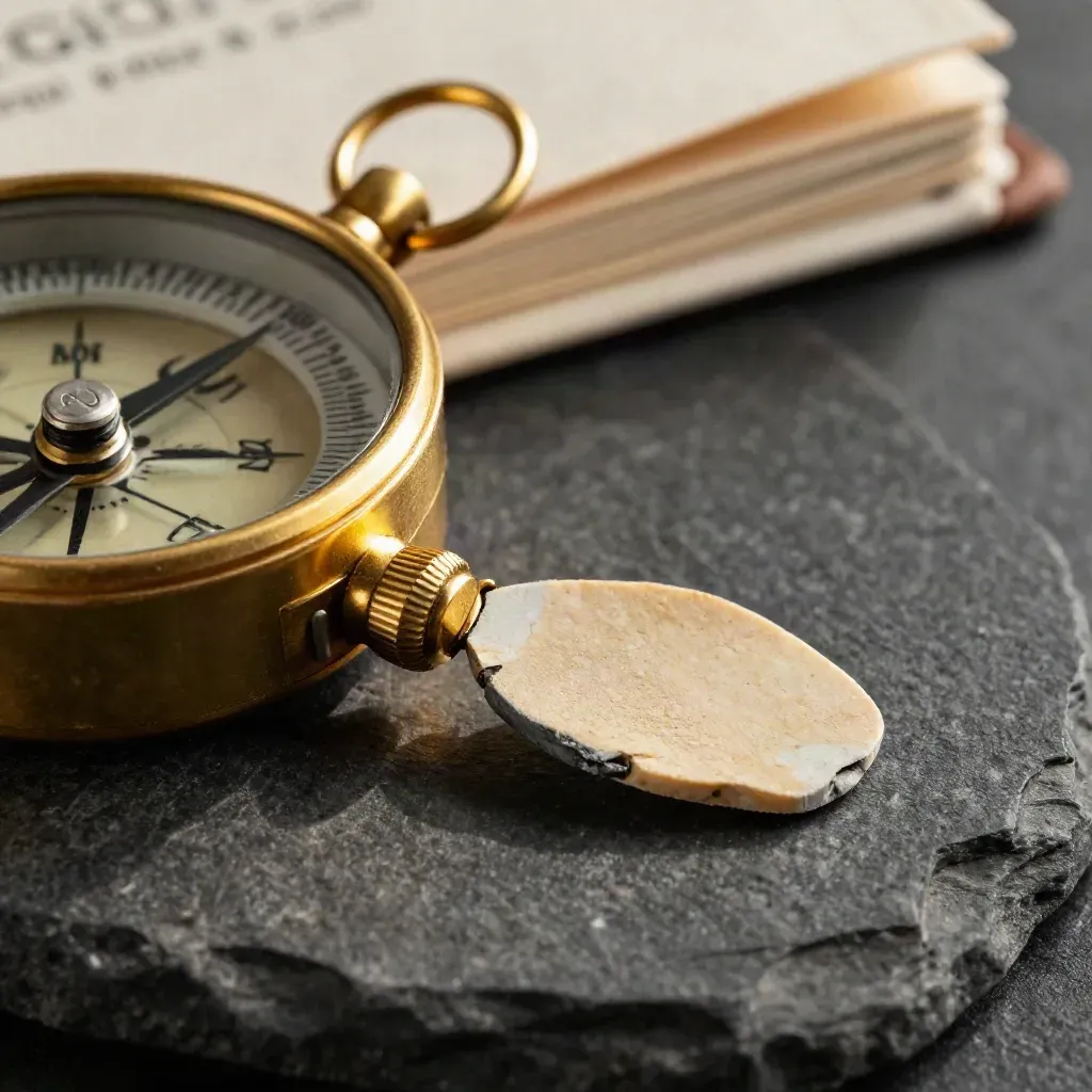 Brass compass opening over color chips and a linen brief folder on dark stone.