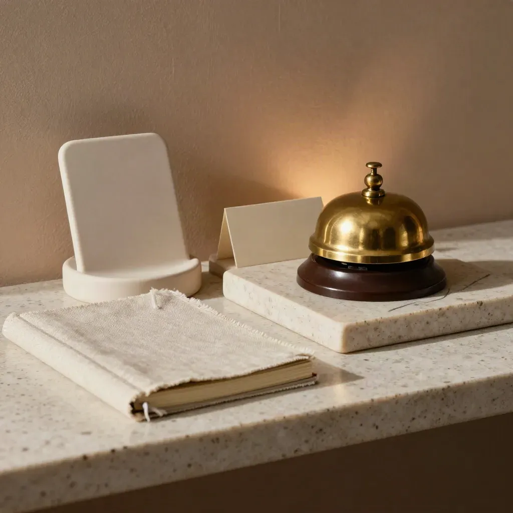 Brass bell, phone cradle and closed notebook on a stone tray with soft side light