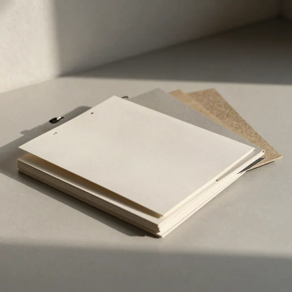 Blank file sleeves, sample boards, and neutral swatches on pale ash wood, softly lit from one side.