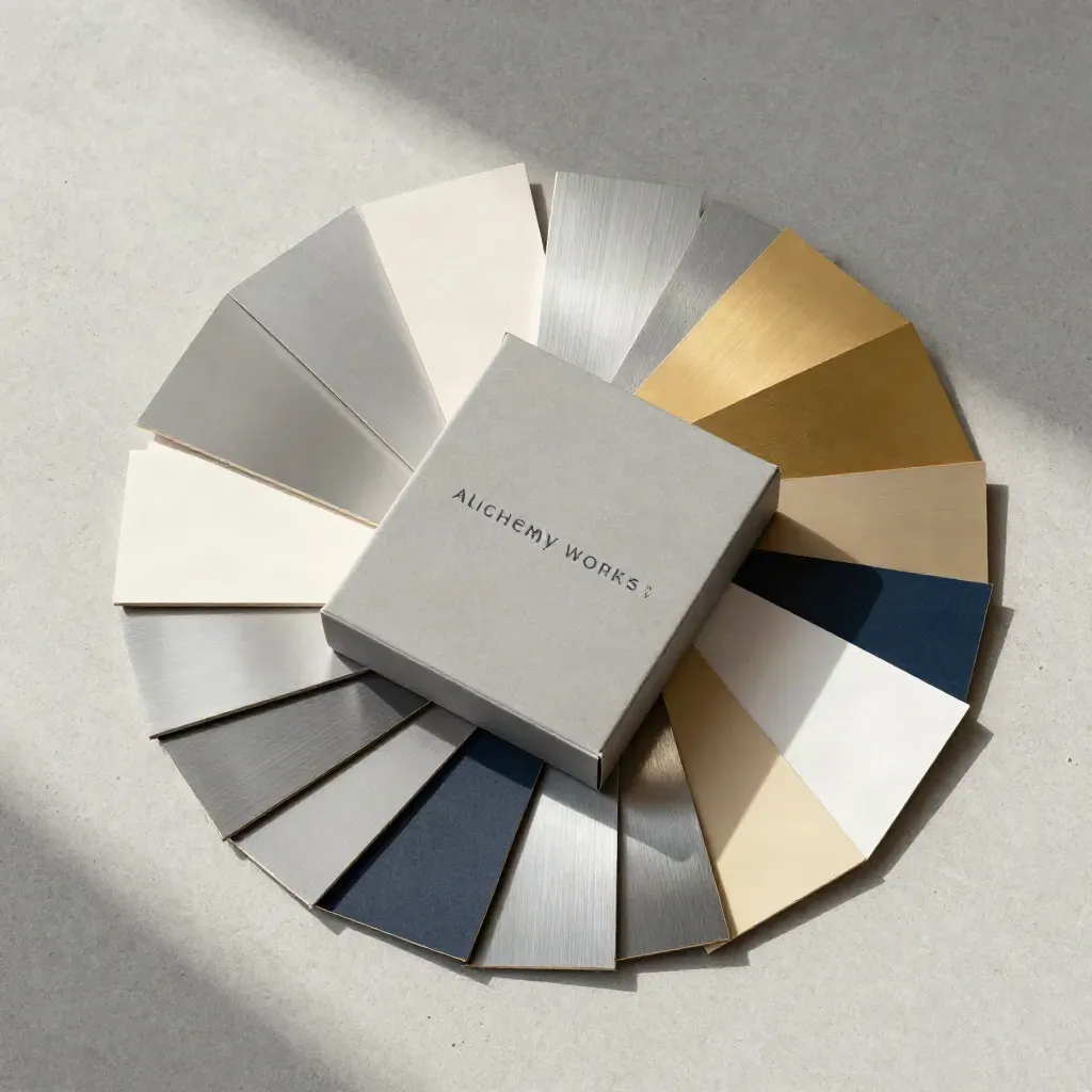 Overhead flatlay of swatches, utility blade, and folded mockup box on concrete.