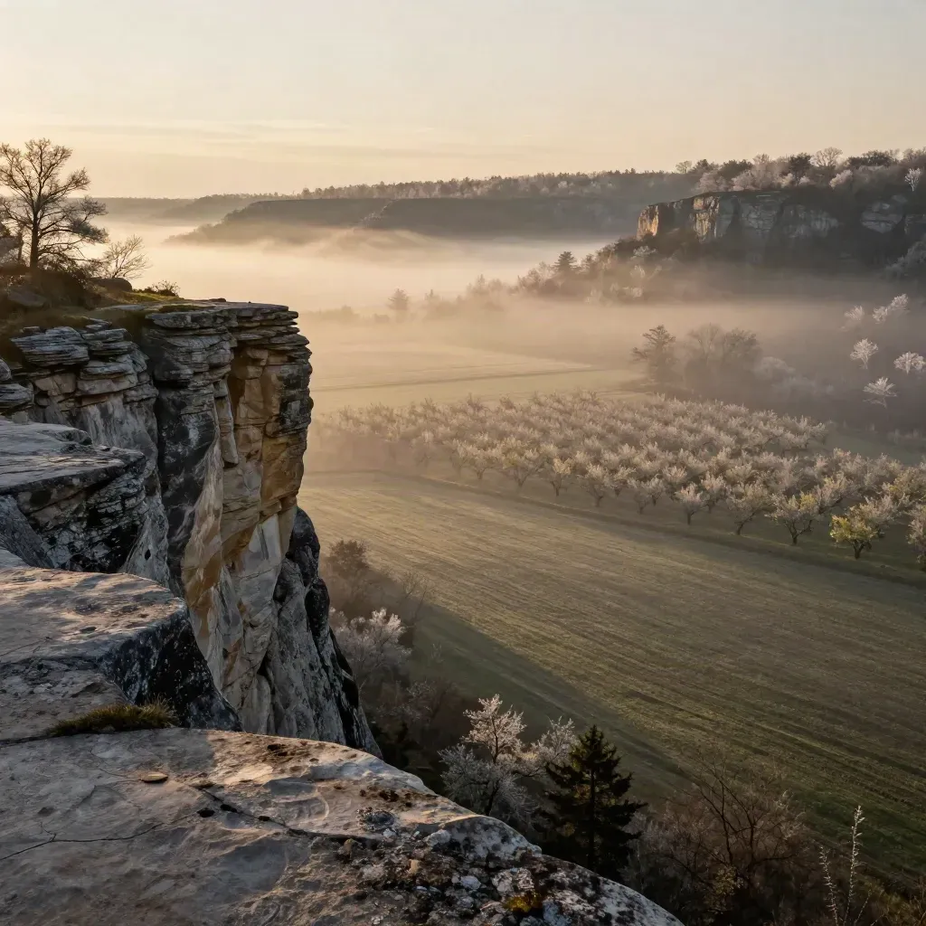 Sunrise fog over the Niagara Escarpment and orchard rows in Southern Ontario.