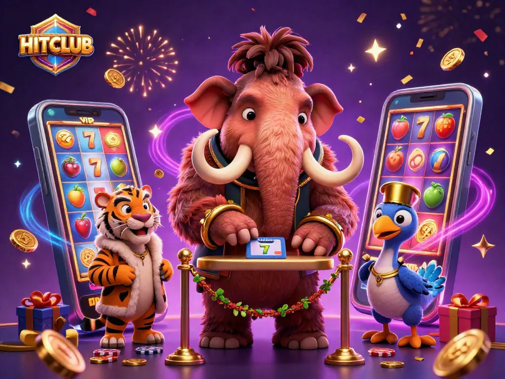 Experience excitement at HITCLUB with vibrant casino scenes featuring playful animals and slot game action.