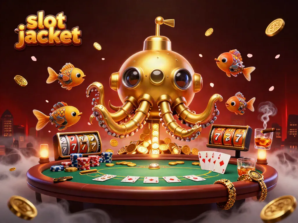 Experience the excitement of the slot jackpot with golden kraken submarine and poker elements.