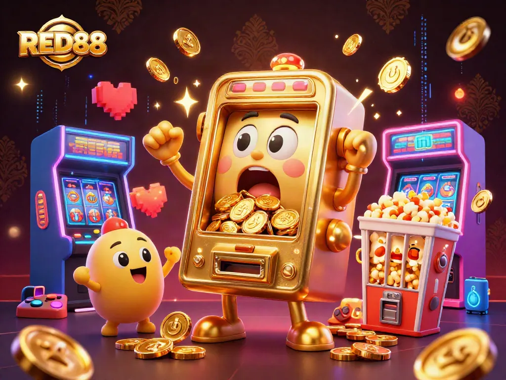 Experience big wins with RED88 in this vibrant, dynamic casino scene featuring animated slot machines.