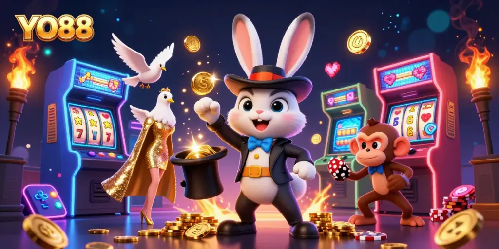Engage with YO88's magic as the magician rabbit pulls coins in this vibrant casino scene.