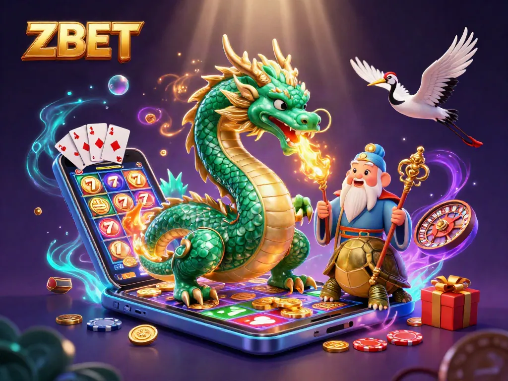 ZBET visualizes thrilling casino interactions with a jade dragon, turtle sage, and lucky cranes amidst vibrant slot game elements.