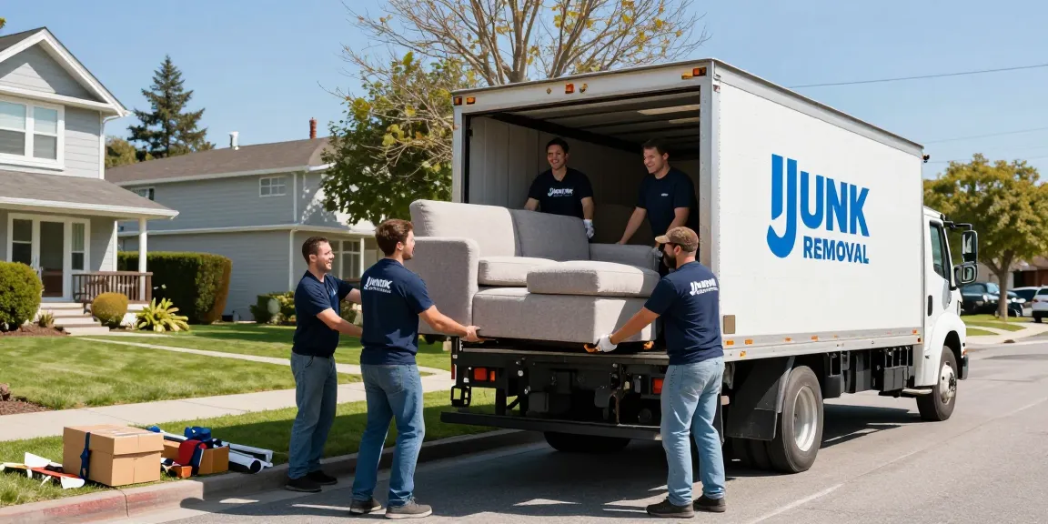 Junk Removal Vancouver crew efficiently loading furniture into a truck during a sunny day in a residential neighborhood.