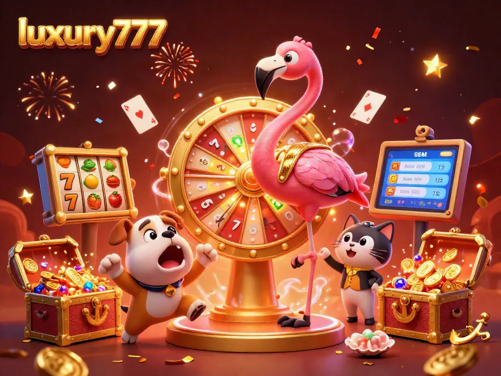 Experience luxury777's exciting slot action with a flamingo host, golden wheel, and treasure-filled playful scene.