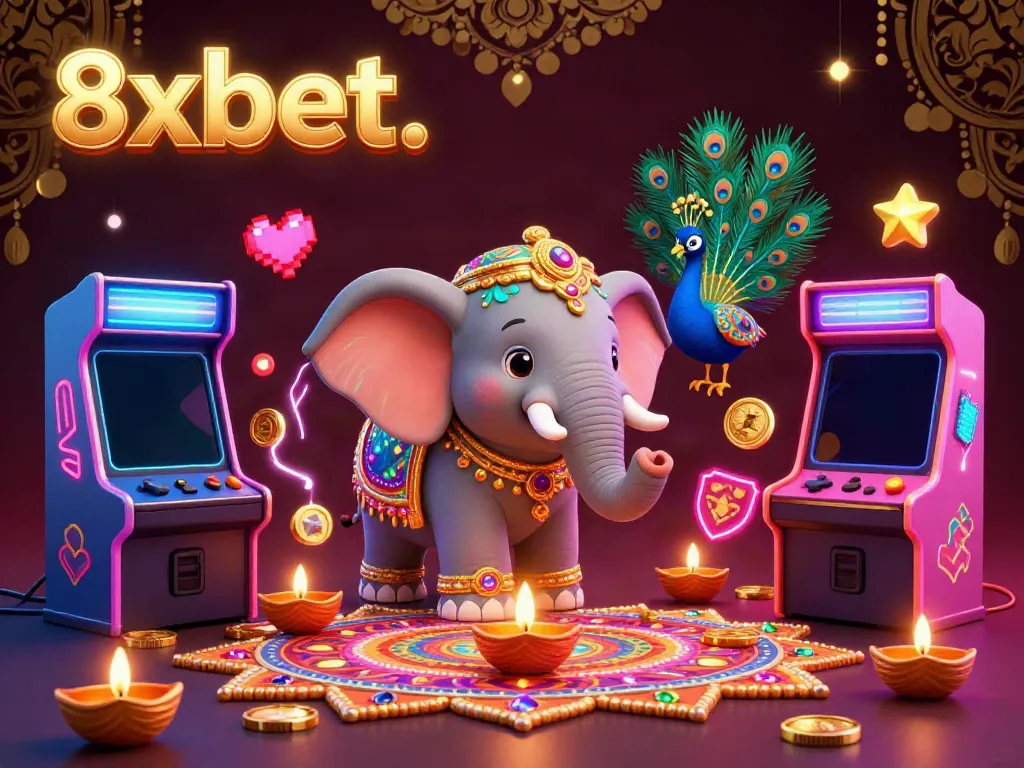 Experience winning moments with 8xbet in a colorful 3D casino scene filled with vibrant gameplay elements.