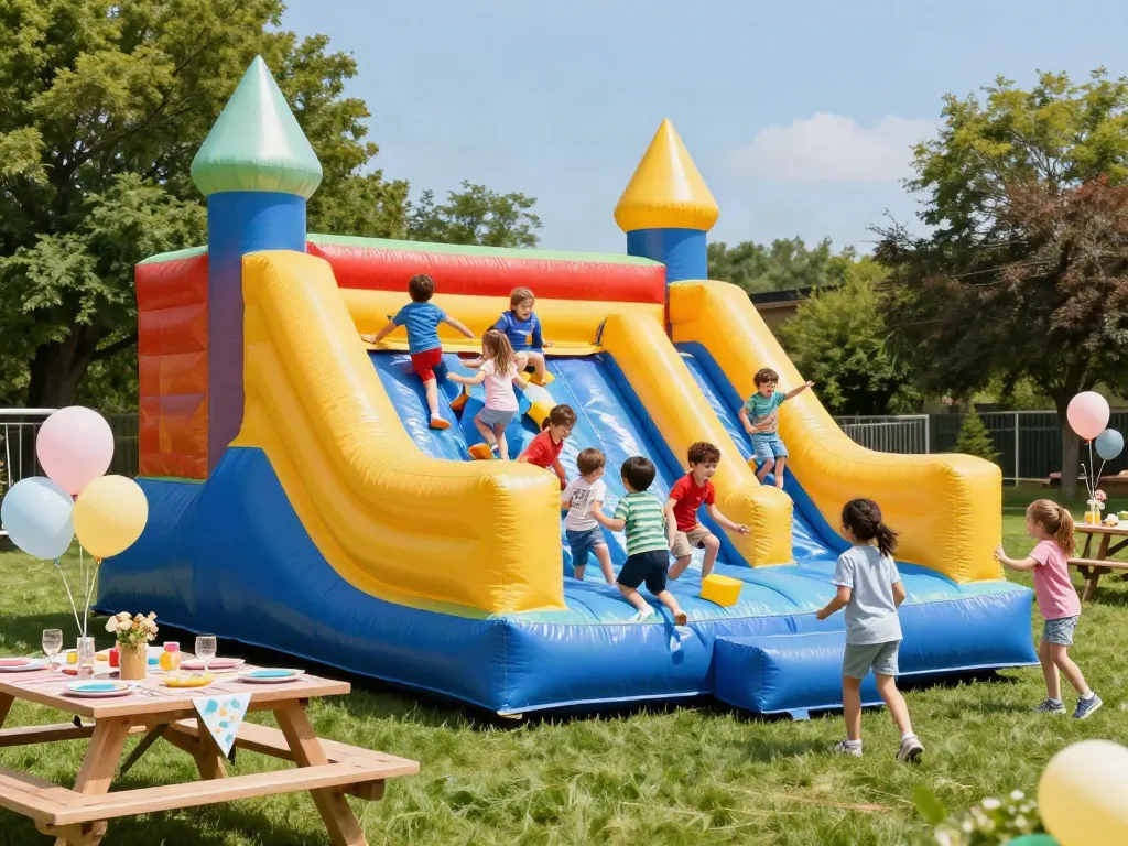 Children bouncing joyfully in an inflatable castle at a colorful outdoor party.