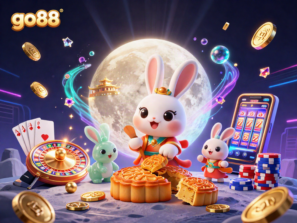 Experience the excitement of go88 with the moon rabbit and poker chips in a vibrant casino-themed illustration.