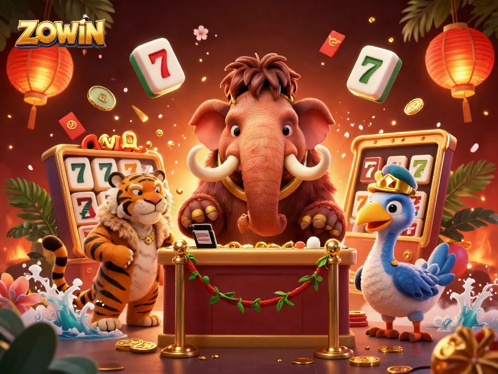 ZOWIN's vibrant casino scene with a mammoth bouncer, VIP saber-tooth tiger, and dodo doorman among slot reels.