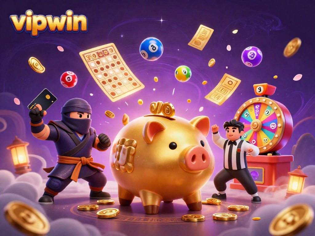 Experience winning thrills at vipwin with vibrant lottery and casino elements in a dynamic 3D illustration.
