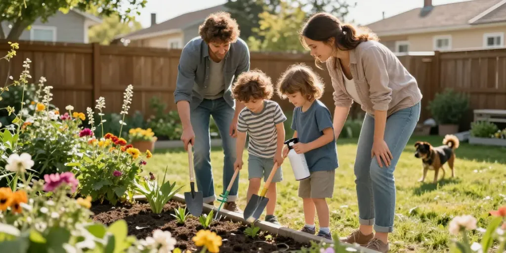Calgary pest control tips in a sunny garden with a family inspecting plants.
