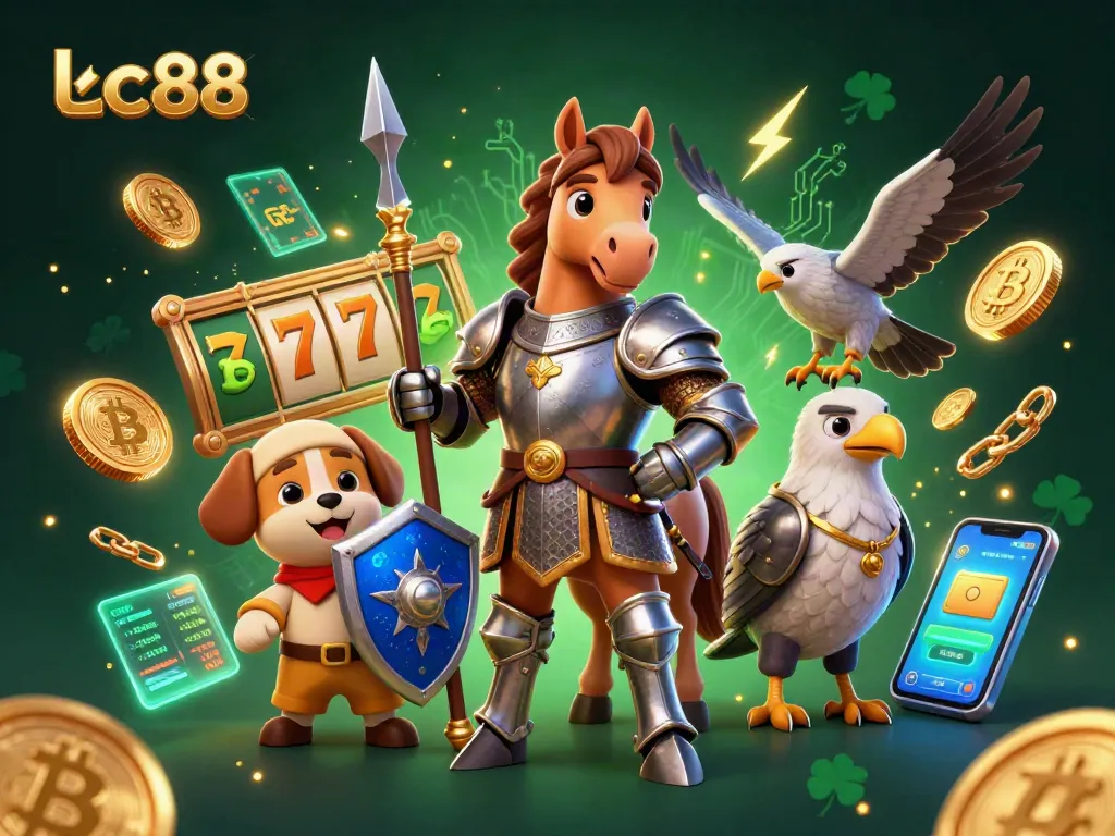 Spin the reels at lc88, featuring captivating medieval-themed characters and cryptocurrency elements.