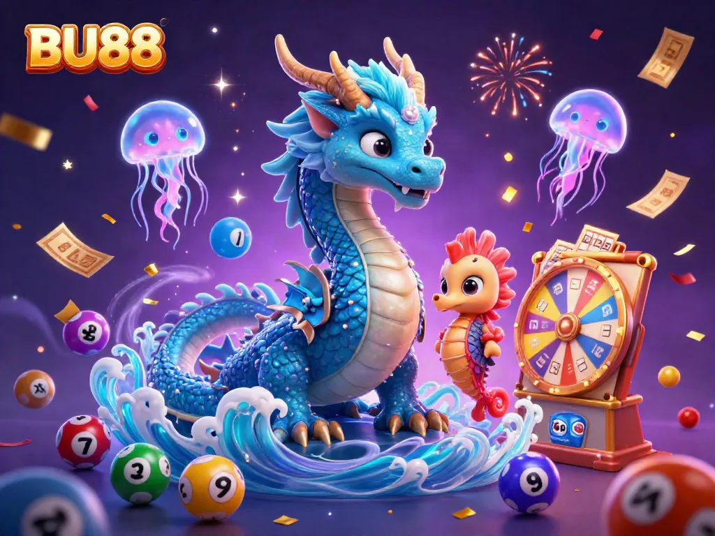 Engage with the BU88 excitement in this magical 3D casino scene featuring vibrant lottery elements.