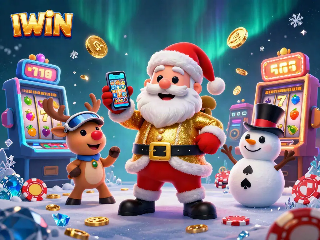 IWIN casino scene with Santa, a reindeer dealer, and a poker snowman celebrating jackpots.