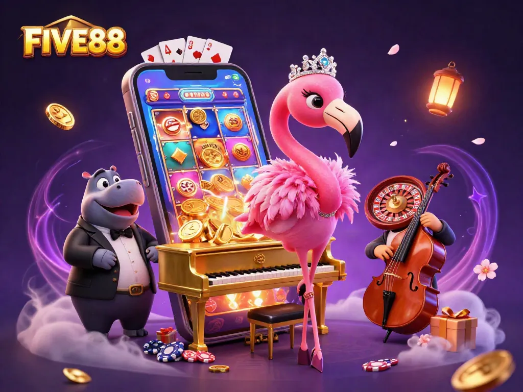 Engage with FIVE88's vibrant casino scene featuring a flamingo singer and hippo bassist in a colorful setting.