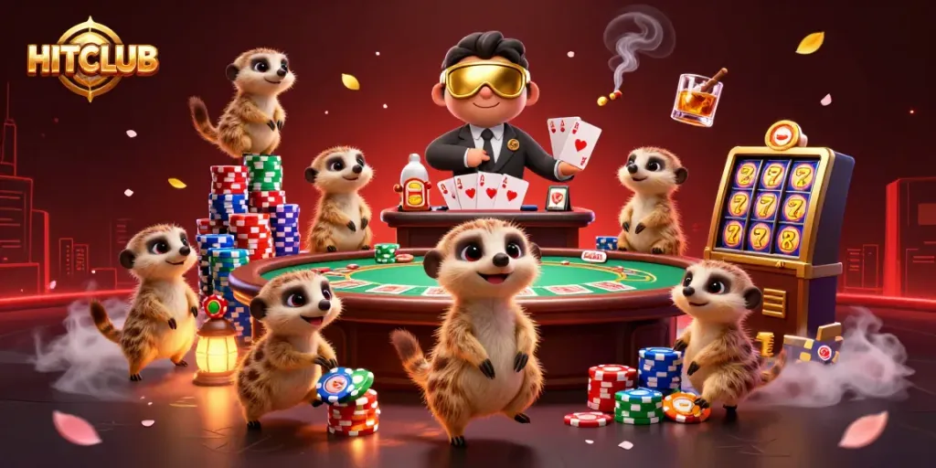 Engage in HITCLUB casino action with meerkats, colorful poker chips, and slot reels.