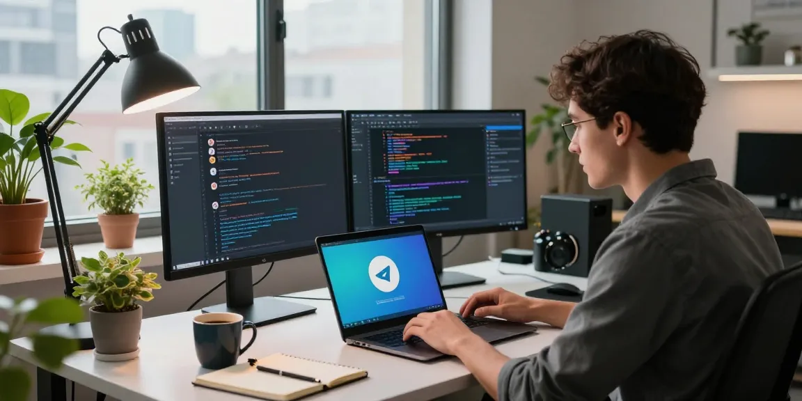 Developer downloading Telegram app in a modern workspace, highlighting Telegram download.