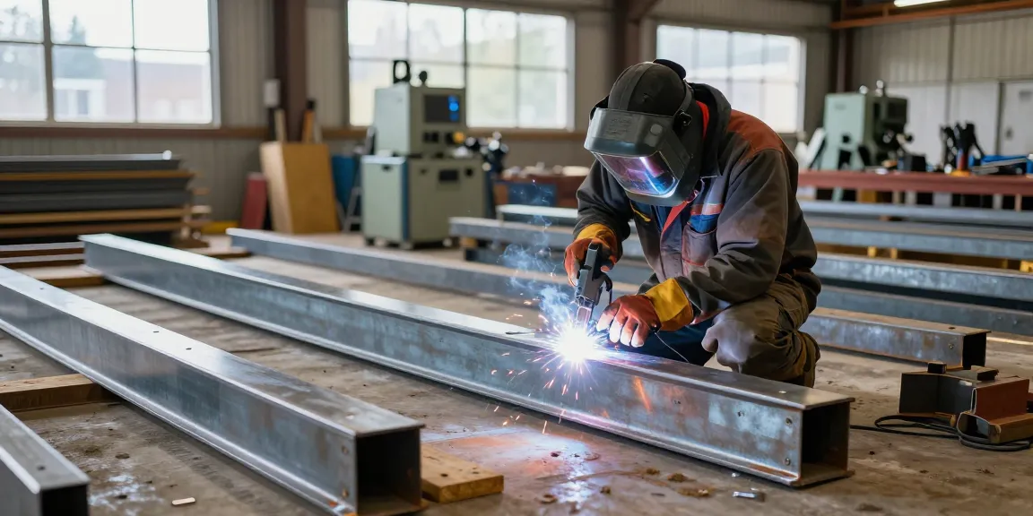 Expert metalworker at a commercial steel company fabricating custom steel structures in a bright workshop.