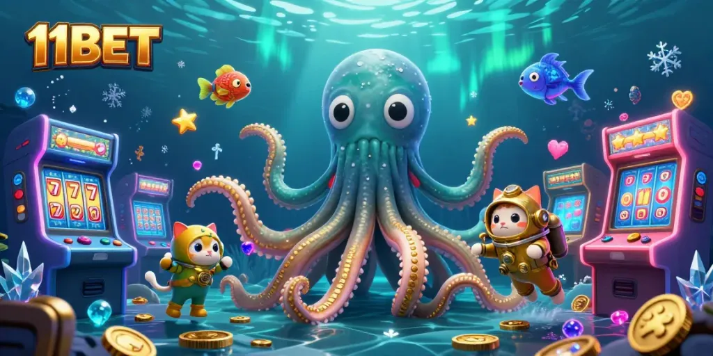 Experience thrilling gameplay with 11BET at a vibrant underwater casino scene featuring a kraken, diving cat, and dazzling arcade elements.