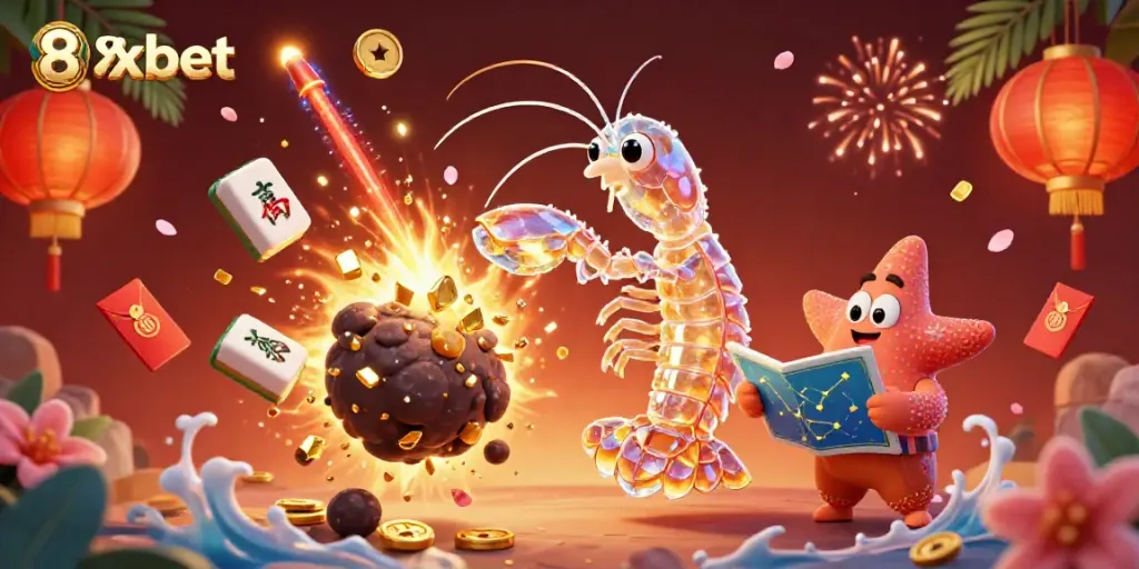 Experience 8xbet's thrilling gaming with a galactic mantis shrimp facing a vibrant explosion of treasures.